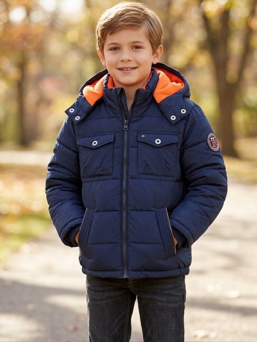 Tommy Hilfiger kids navy orange coat Size Small 8 Fleece lined Removable hood